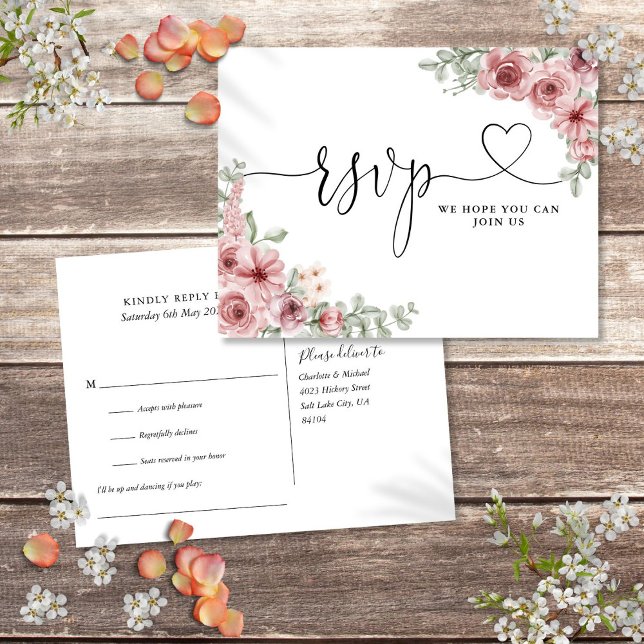 Dusty Rose Floral Heart Script Song Request Card Einladungspostkarte (Dusty Rose Floral Heart Script Song Request Card)