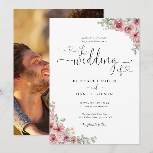 Dusty Rose Floral Hearts Script Foto Wedding Einladung (Vorne/Hinten)