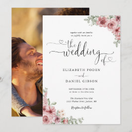 Dusty Rose Floral Hearts Script Foto Wedding Einladung