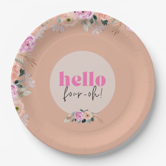 Dusty Rose floral "hello vier oh" Retro Pappteller (Vorderseite)
