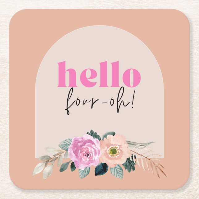 Dusty Rose floral "hello vier oh" Retro Rechteckiger Pappuntersetzer (Vorderseite)