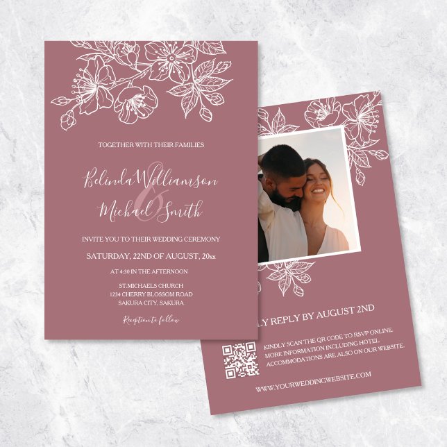 Dusty Rose Floral Line Art | FOTO | Hochzeit Einladung (Von Creator hochgeladen)