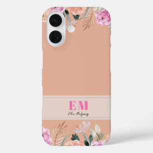 Dusty Rose floral mit Monogramm iPhone 16 Hülle