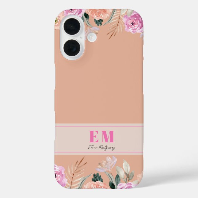 Dusty Rose floral mit Monogramm iPhone 16 Hülle (Rückseite)