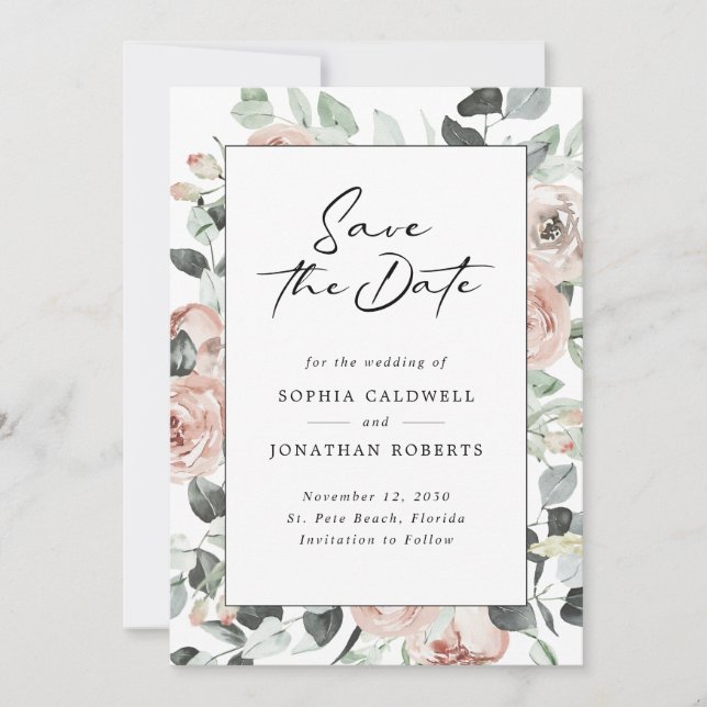 Dusty Rose Floral Moderne Kalligrafie Hochzeit Save The Date (Vorderseite)