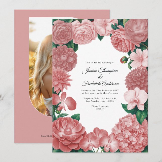 Dusty Rose Floral Photo and QR Code Wedding Einladung (Vorne/Hinten)