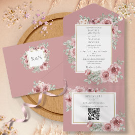 Dusty Rose Floral QR Code Wedding All In One Einladung