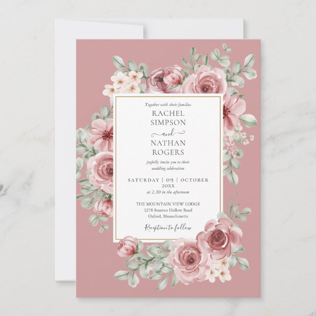Dusty Rose Floral QR Code Wedding Einladung (Vorderseite)