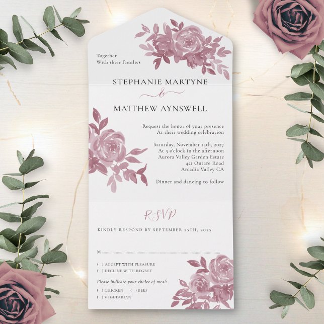 Dusty Rose Floral Rose Foliage Hochzeit All In One Einladung (Von Creator hochgeladen)