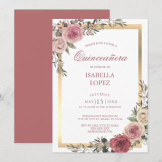 Dusty Rose Floral Rose Gold Quinceañera Einladung