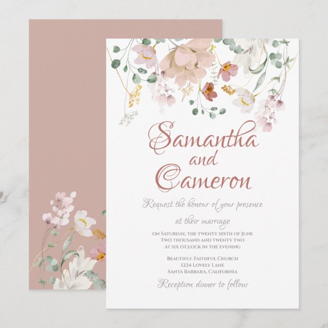 Dusty Rose Floral Wedding Einladungen (Vorne/Hinten)