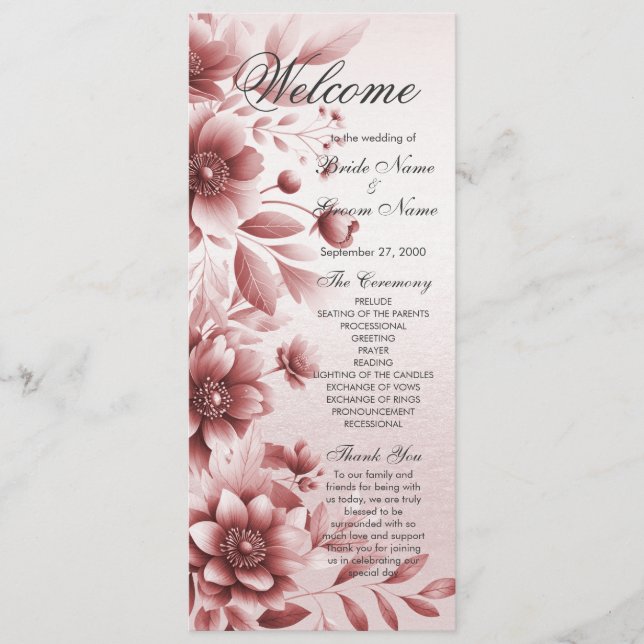 Dusty Rose Floral Wedding Programme (Devant)