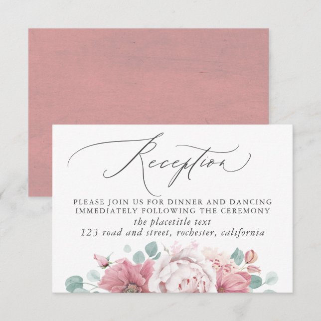 Dusty Rose Floral Wedding Reception Begleitkarte (Vorne/Hinten)