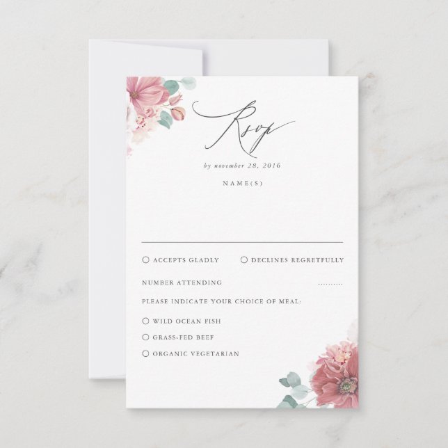 Dusty Rose Floral Wedding RSVP Karte (Vorderseite)