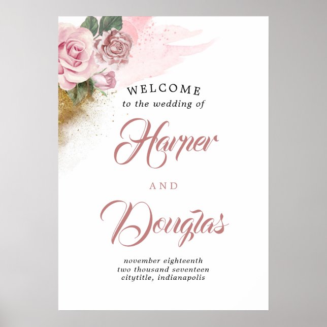 Dusty Rose Floral Wedding Welcome Sign Poster (Vorne)