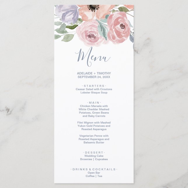 Dusty Rose Florals Dinner Menu Card Menükarte (Vorderseite)