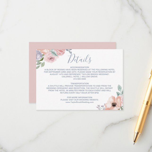 Dusty Rose Florals Mariage Détails Carte (Devant/Arrière en situation)