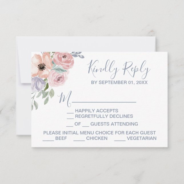Dusty Rose Florals Menü Auswahl RSVP Karte (Vorderseite)