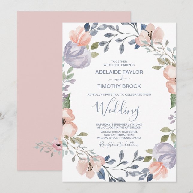 Dusty Rose Florals Wedding Einladung (Vorne/Hinten)