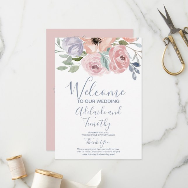 Dusty Rose Florals Wedding Programm (Vorderseite/Rückseite Beispiel)