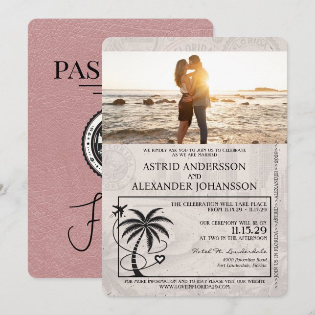 Dusty Rose Florida Passport Hochzeit Einladung (Vorne/Hinten)