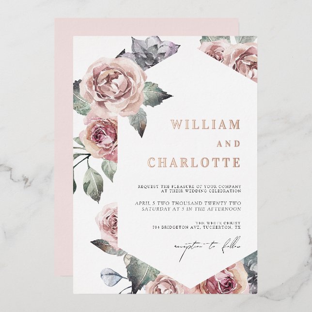 Dusty Rose Foliage Moderne Hochzeit Folieneinladung (Vorderseite/Rückseite)
