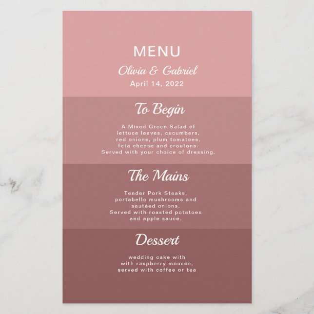 Dusty rose foncé rougir élégant menu de mariage él (Devant)