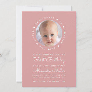 Dusty Rose Foto Girl Birthday Little Sweetheart Einladung