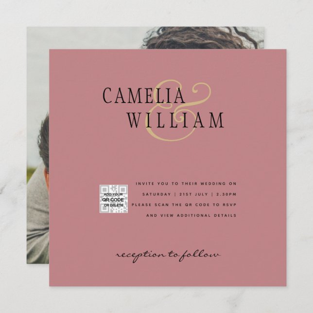 Dusty ROSE Foto Wedding Invite QR Code Rett Datum (Vorne/Hinten)