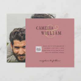 Dusty ROSE Foto Wedding Invite QR Code Rett Datum