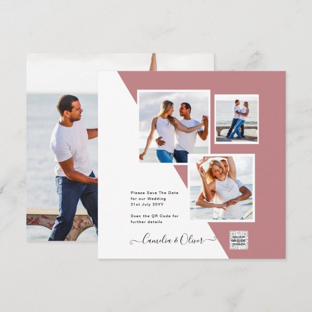 Dusty ROSE Foto Wedding Invite QR Code Rett Datum (Vorne/Hinten)