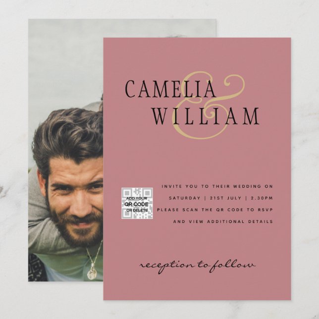 Dusty ROSE Foto Wedding Invite QR Code Rett Datum Einladung (Vorne/Hinten)