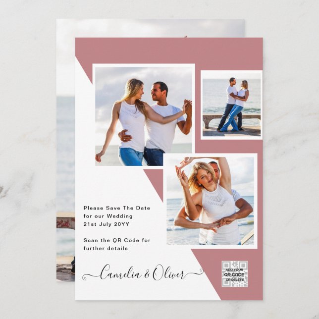 Dusty ROSE Foto Wedding Invite QR Code Rett Datum Einladung (Vorne/Hinten)