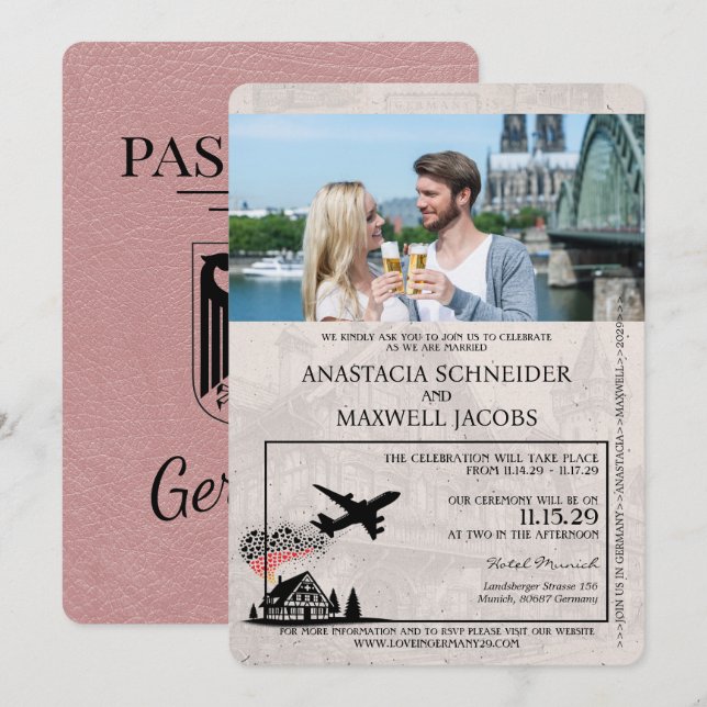 Dusty Rose Germany Pass Einladung Hochzeit (Vorne/Hinten)