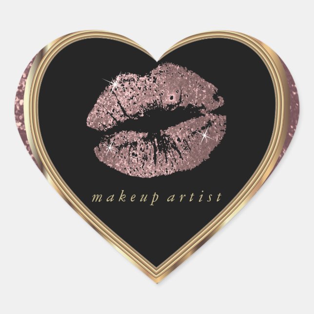 Dusty Rose Glitzer Liebe Lips und Gold Schriftart Herz-Aufkleber (Vorderseite)
