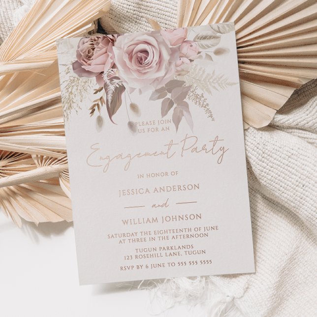 Dusty Rose Gold Blush Floral Engagement Party Folieneinladung (Von Creator hochgeladen)