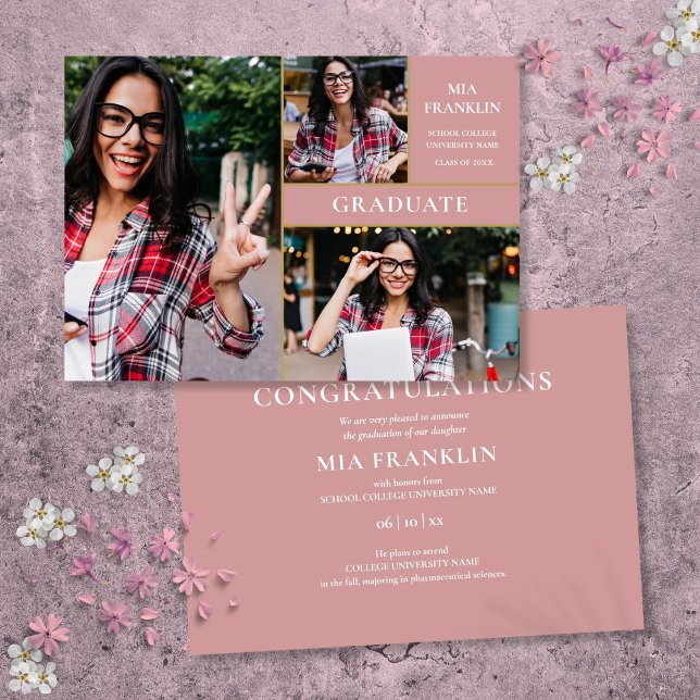 Dusty Rose Gold Graduate 3 Foto Abschluss Ankündigung (Dusty Rose Gold Graduate 3 Photo Graduation Announcement)