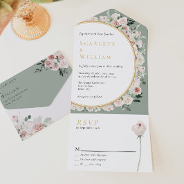 Dusty Rose Gold Sage Green Vintag Floral Wedding All In One Einladung