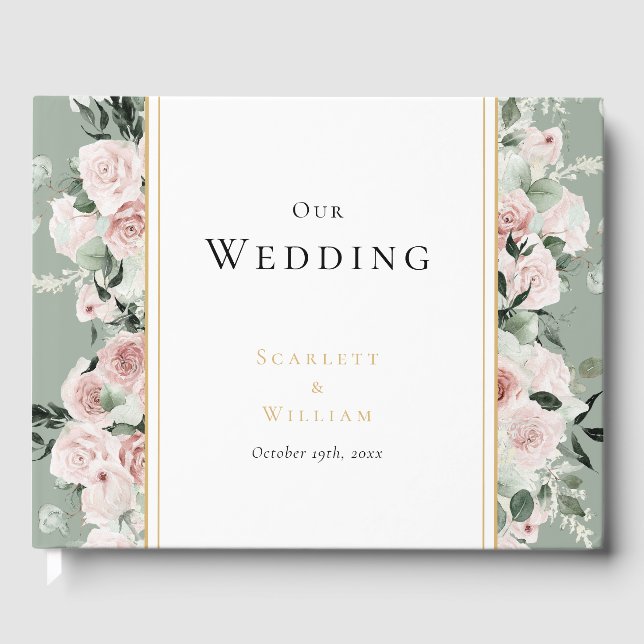 Dusty Rose Gold Sage Green Vintage Wedding Gästebuch (Vorderseite)