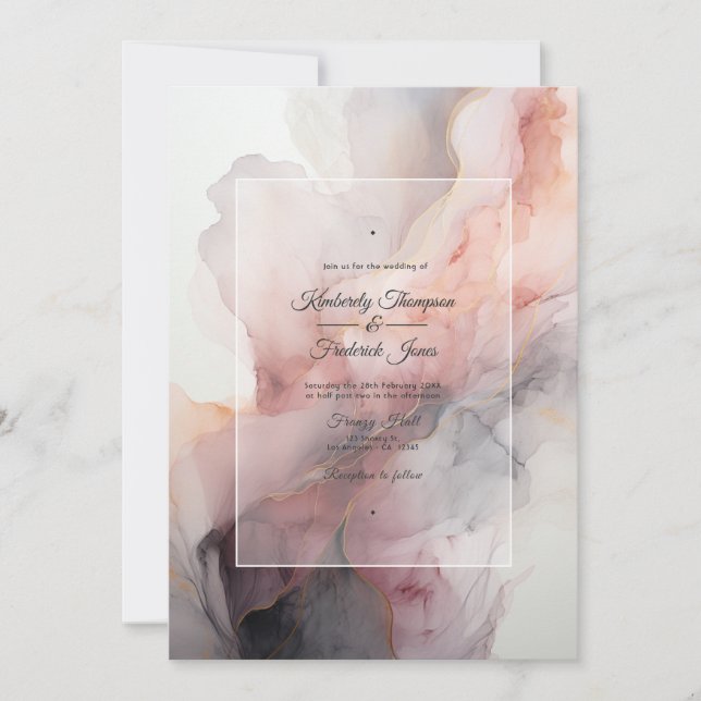 Dusty Rose, Grau und Silber Tinte Hochzeit Einladung (Vorderseite)