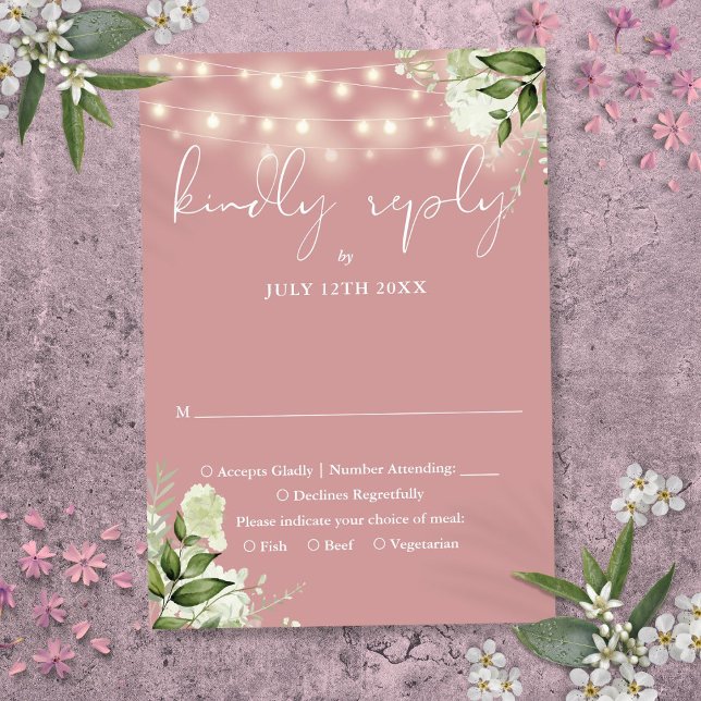 Dusty Rose Greenery Blumenstrauß Hochzeit RSVP Karte (Dusty Rose Greenery Floral String Lights Wedding RSVP Card)