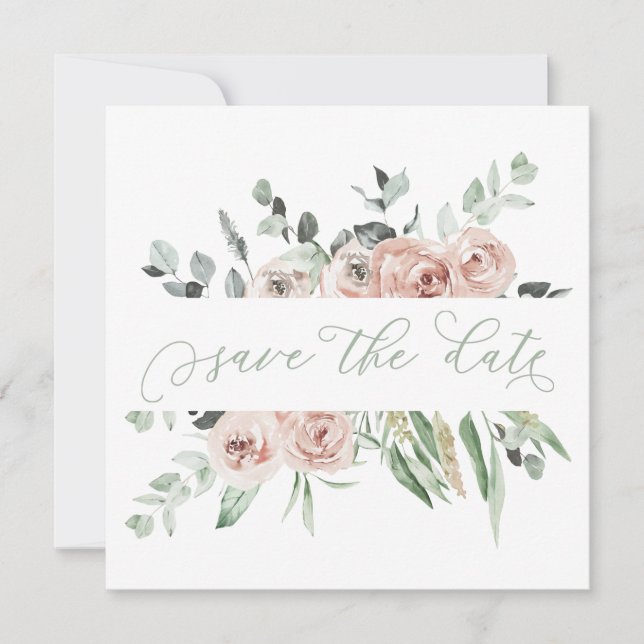 Dusty Rose Greenery Eukalyptus Save the Date Ankündigung (Vorderseite)