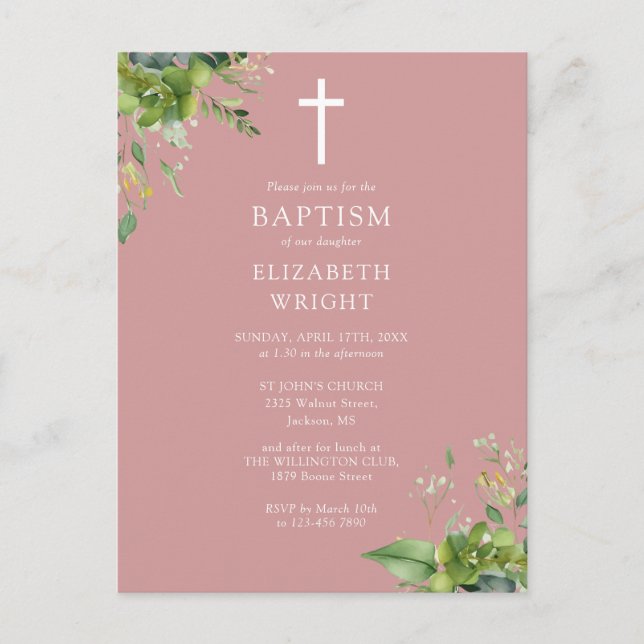 Dusty Rose Greenery Monogram Taufe Einladung Postkarte (Vorderseite)