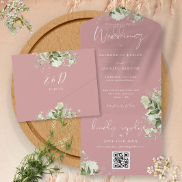 Dusty Rose Greenery QR Code Monogram Wedding All In One Einladung