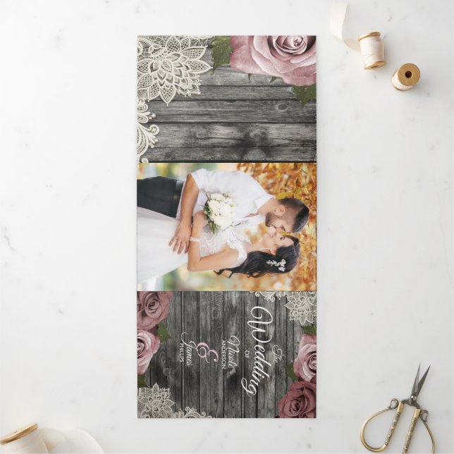 Dusty Rose Grey Wood Trifold Wedding Programme (Extérieur)