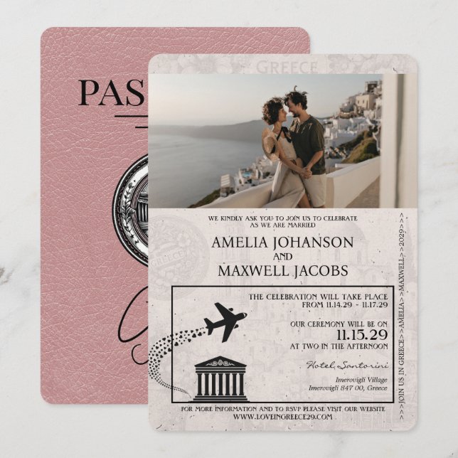 Dusty Rose Griechenland Pass Einladung zur Hochzei (Vorne/Hinten)