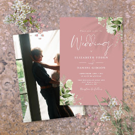 Dusty Rose Grüne Blätter Elegantes Foto Hochzeit Einladung