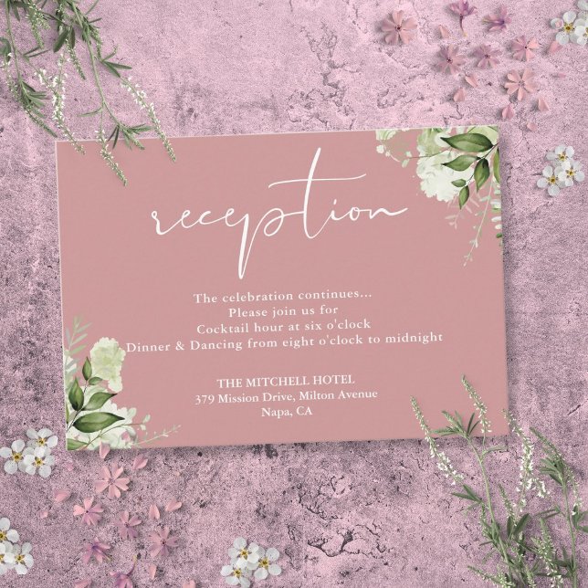 Dusty Rose Grünschrift Hochzeitsempfang Begleitkarte (Dusty Rose Greenery Script Wedding Reception Enclosure Card)