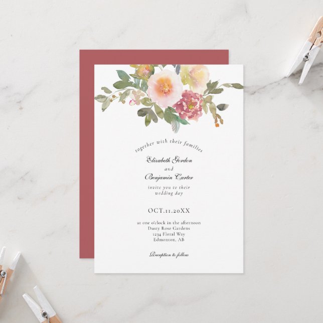 Dusty Rose Hochzeit Elegante Blumenschrift Moderne Einladung (Vorderseite/Rückseite Beispiel)