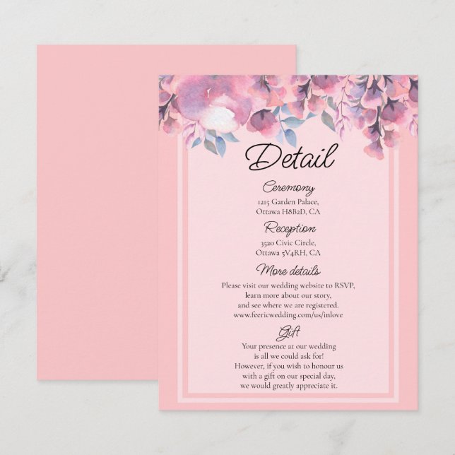 Dusty Rose Hochzeitsdetails Begleitkarte (Vorne/Hinten)